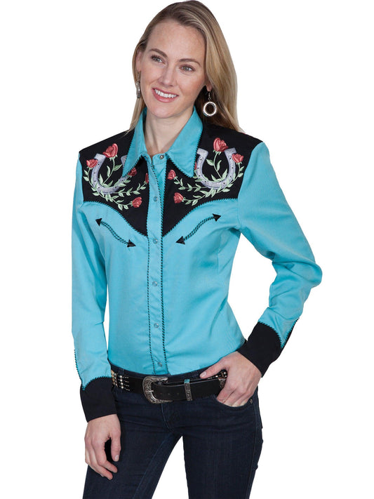 Scully TURQUOISE HORSE SHOE EMBROIDERED BLOUSE - Flyclothing LLC