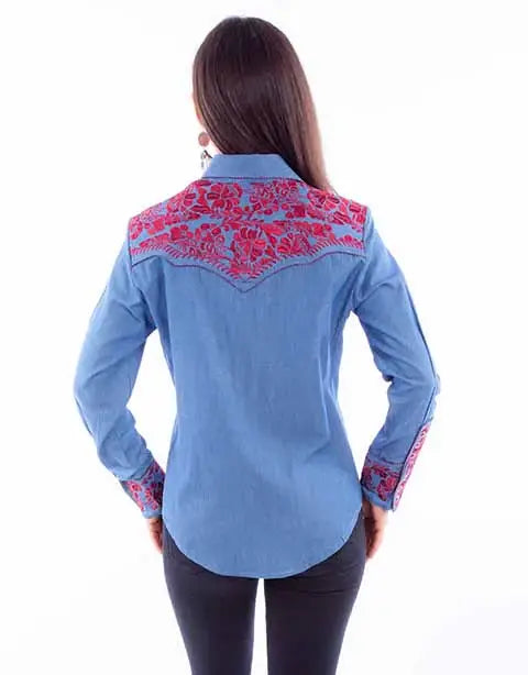 Scully Leather Western Scully Blue-Cranberry Floral Tooled Emb Blouse - Scully Leather - Flyclothing LLC