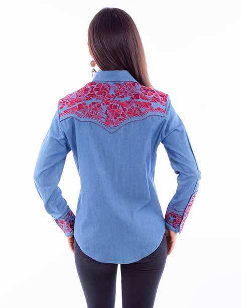 Scully Leather Western Scully Blue-Cranberry Floral Tooled Emb Blouse - Scully Leather - Flyclothing LLC