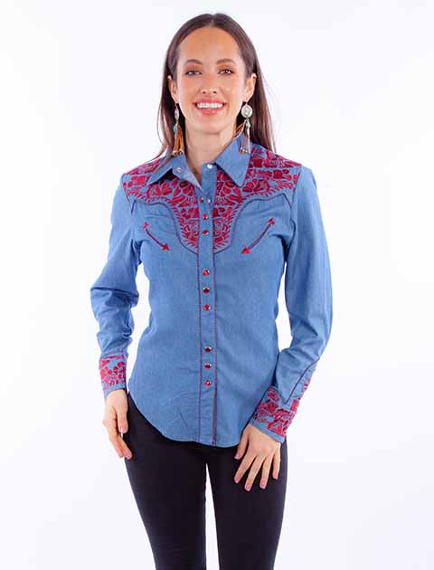 Scully Leather Western Scully Blue-Cranberry Floral Tooled Emb Blouse