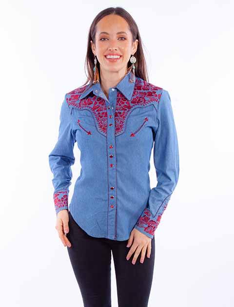 Scully Leather Western Scully Blue-Cranberry Floral Tooled Emb Blouse - Scully Leather