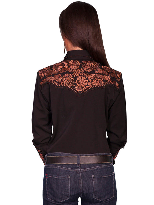 Scully BLACK FLORAL TOOLED EMBROIDERED BLOUSE - Flyclothing LLC