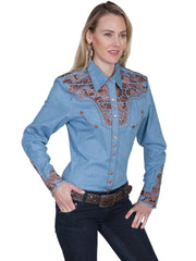 Scully BLUE FLORAL TOOLED EMBROIDERED BLOUSE - Flyclothing LLC