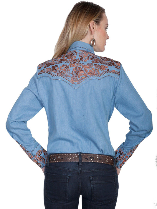 Scully BLUE FLORAL TOOLED EMBROIDERED BLOUSE - Flyclothing LLC