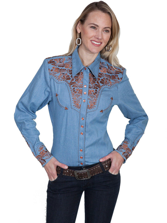 Scully BLUE FLORAL TOOLED EMBROIDERED BLOUSE - Flyclothing LLC