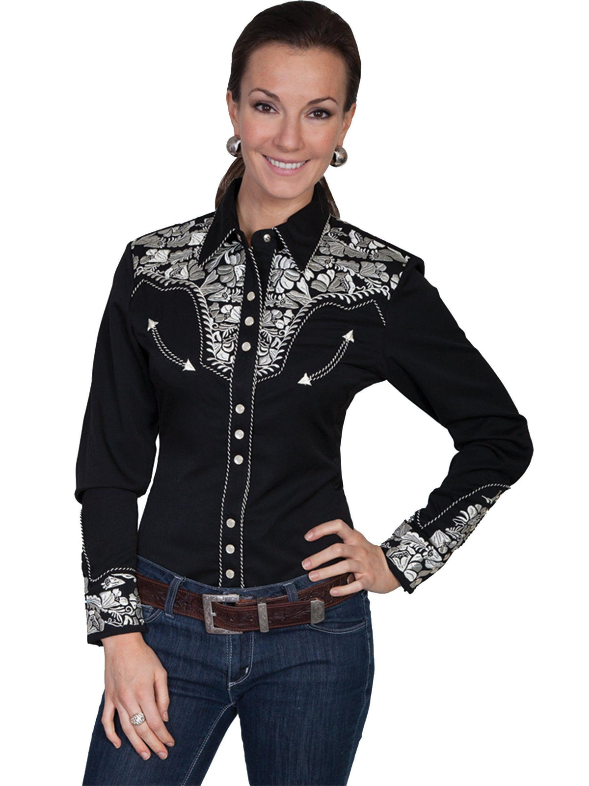Scully SILVER FLORAL TOOLED EMBROIDERED BLOUSE - Flyclothing LLC