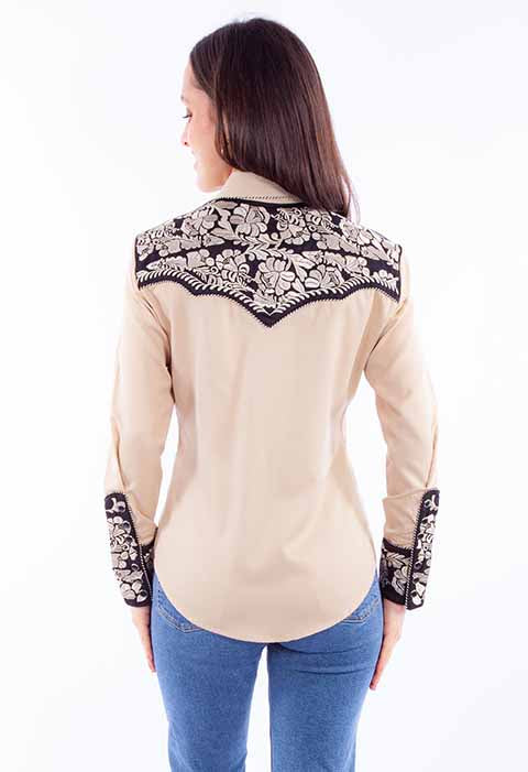 Scully Leather Western Scully Tan Floral Tooled Emb Blouse