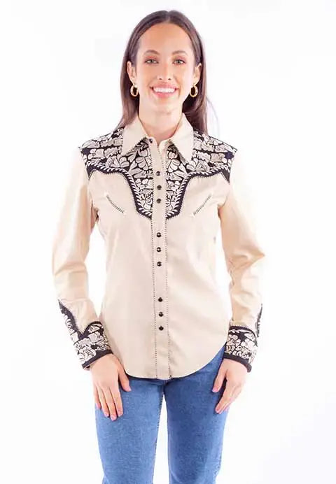 Scully Leather Western Scully Tan Floral Tooled Emb Blouse - Scully Leather - Flyclothing LLC