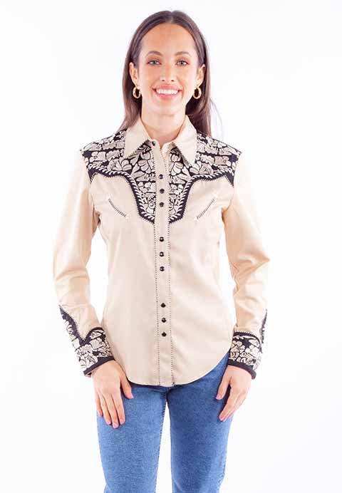 Scully Leather Western Scully Tan Floral Tooled Emb Blouse - Scully Leather - Flyclothing LLC