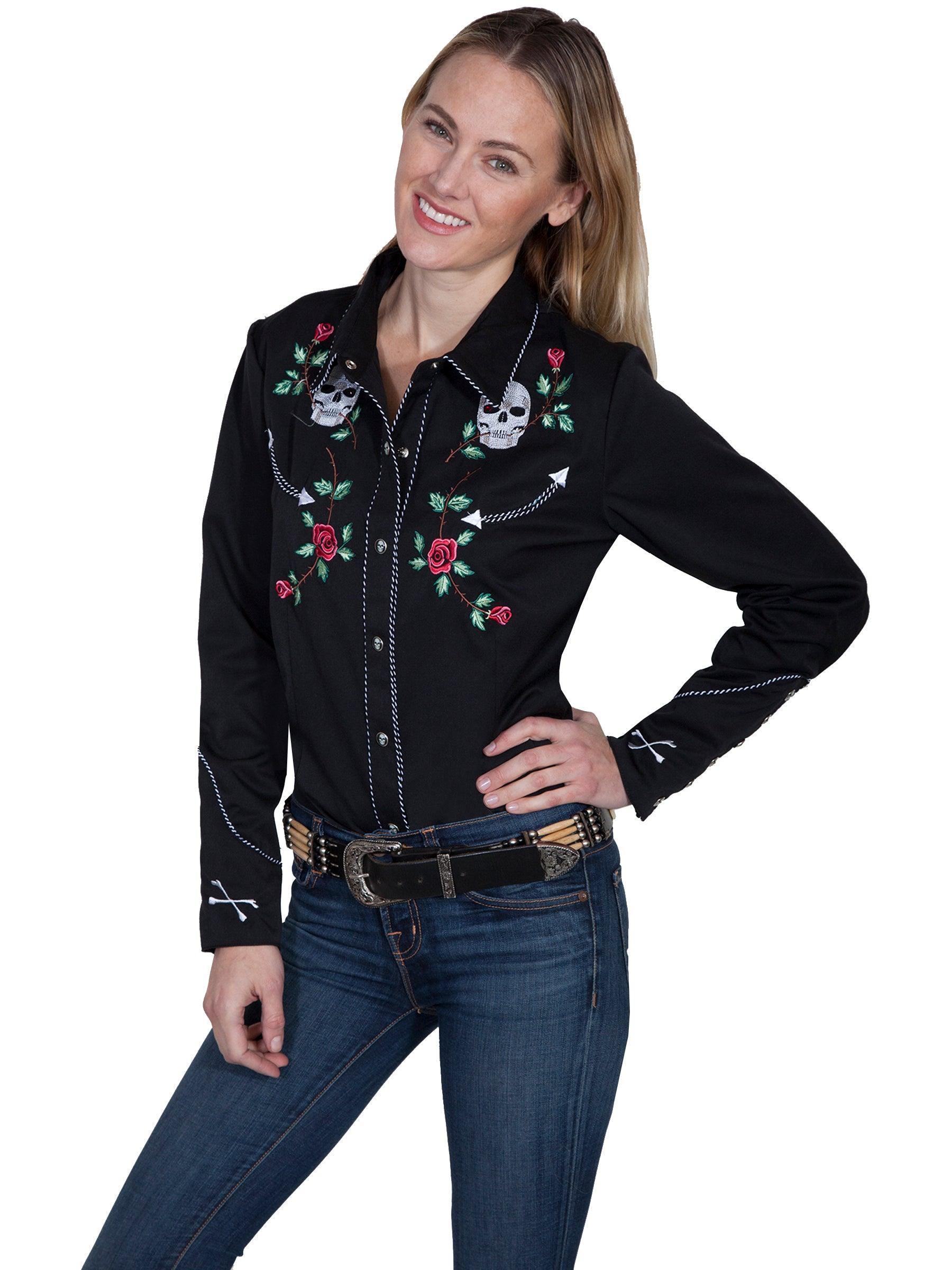 Scully BLACK LADIES SKULL/ROSE EMBROIDERED BLOUSE - Scully Leather