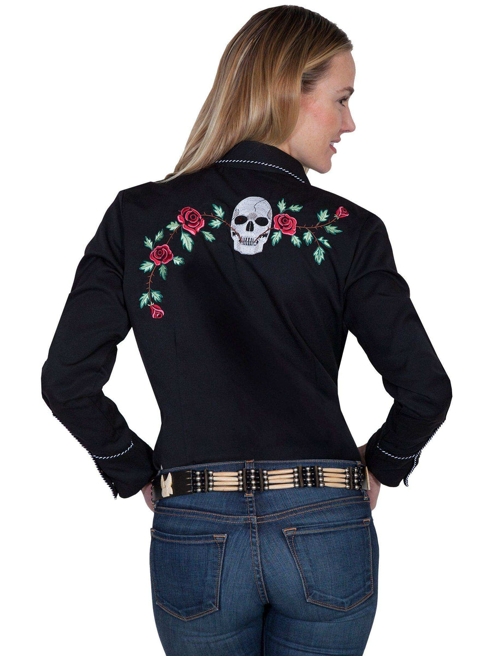 Scully BLACK LADIES SKULL/ROSE EMBROIDERED BLOUSE - Scully Leather - Flyclothing LLC