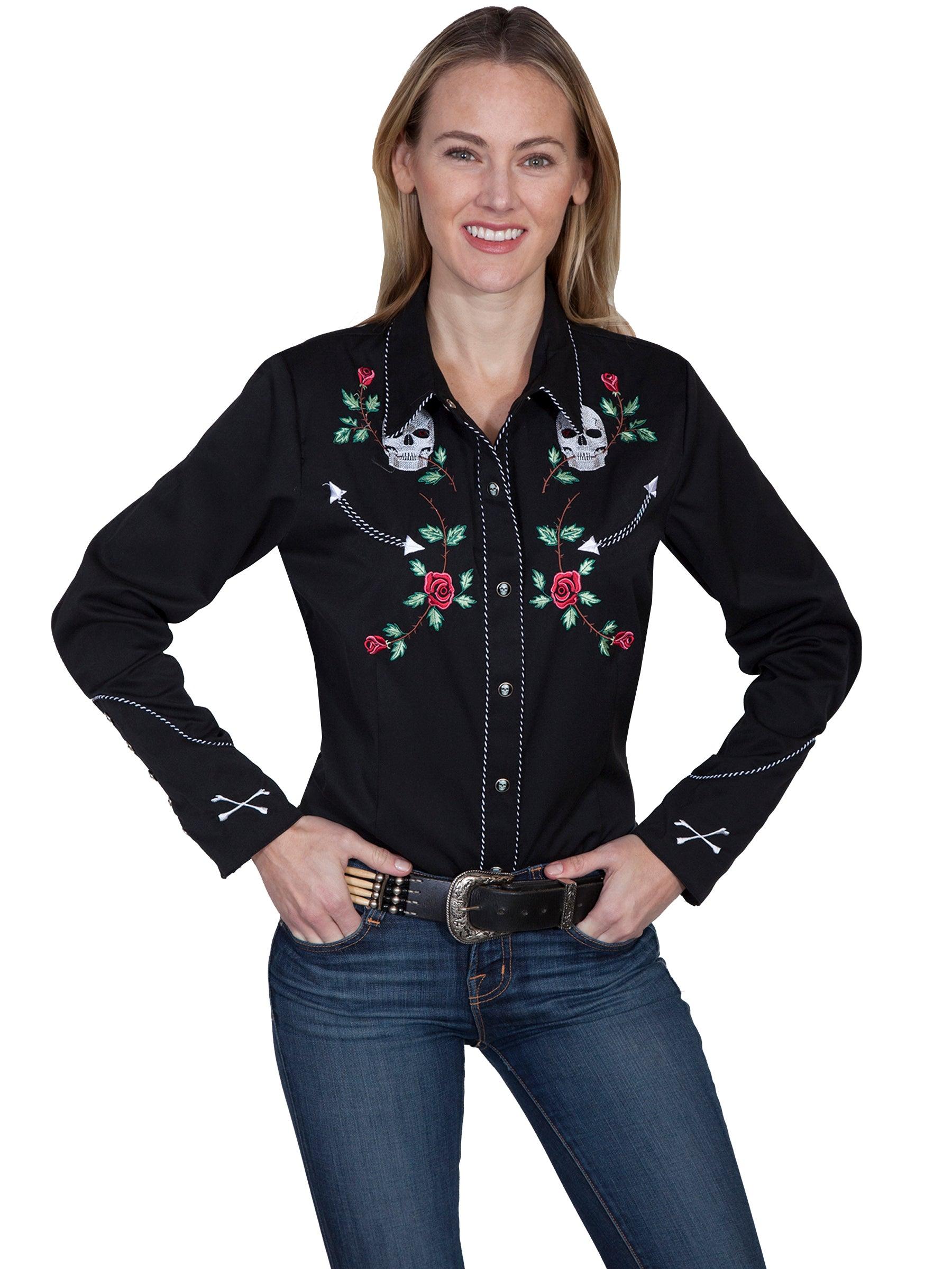 Scully BLACK LADIES SKULL/ROSE EMBROIDERED BLOUSE - Flyclothing LLC