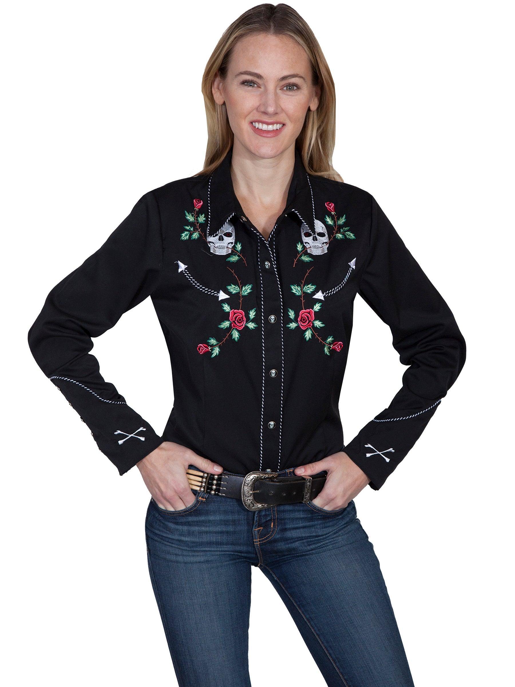 Scully BLACK LADIES SKULL/ROSE EMBROIDERED BLOUSE - Scully Leather