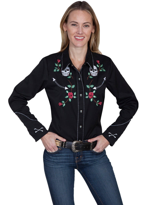 Scully BLACK LADIES SKULL/ROSE EMBROIDERED BLOUSE - Flyclothing LLC
