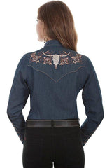 Scully DENIM LADIES LONGHORN ROSE EMBROIDERED BLOUSE - Flyclothing LLC