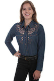 Scully DENIM LADIES LONGHORN ROSE EMBROIDERED BLOUSE - Scully Leather