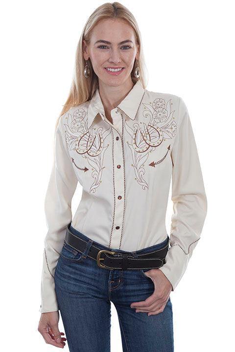 Scully CREAM HORSE SHOE FLOWERS & STONES BLOUSE - Scully Leather