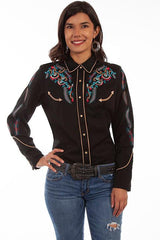 Scully BLACK FLORAL & FEATHER EMBROIDERED BLOUSE - Flyclothing LLC