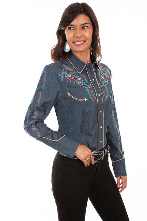 Scully DENIM FLORAL & FEATHER EMBROIDERED BLOUSE - Flyclothing LLC