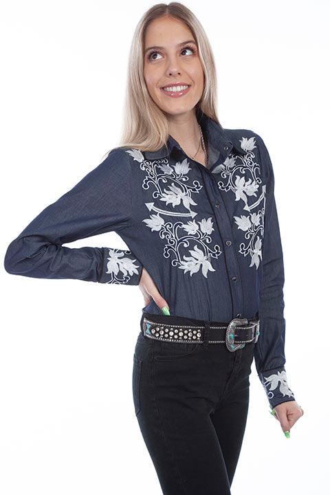 Scully CHAMBRAY  FLORAL SCROLL EMBROIDERED BLOUSE - Flyclothing LLC