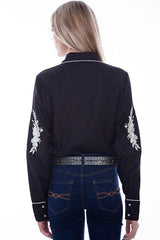 Scully BLACK FLORAL EMBROIDERED BLOUSE W/CONT.PIPING - Flyclothing LLC