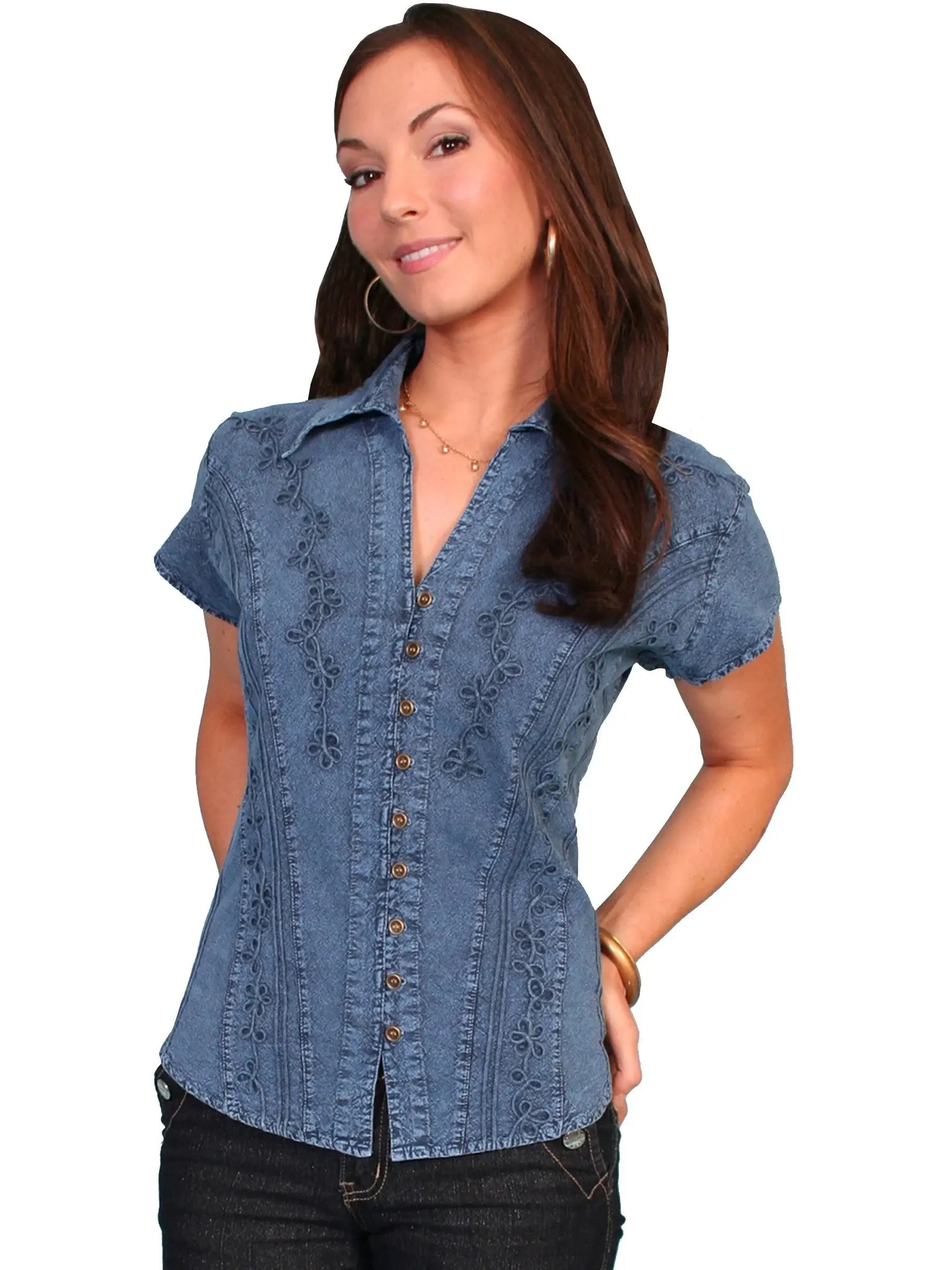 Scully DARK BLUE CAPSLEEVE PERUVIAN COTTON BLOUSE - Scully Leather - Flyclothing LLC