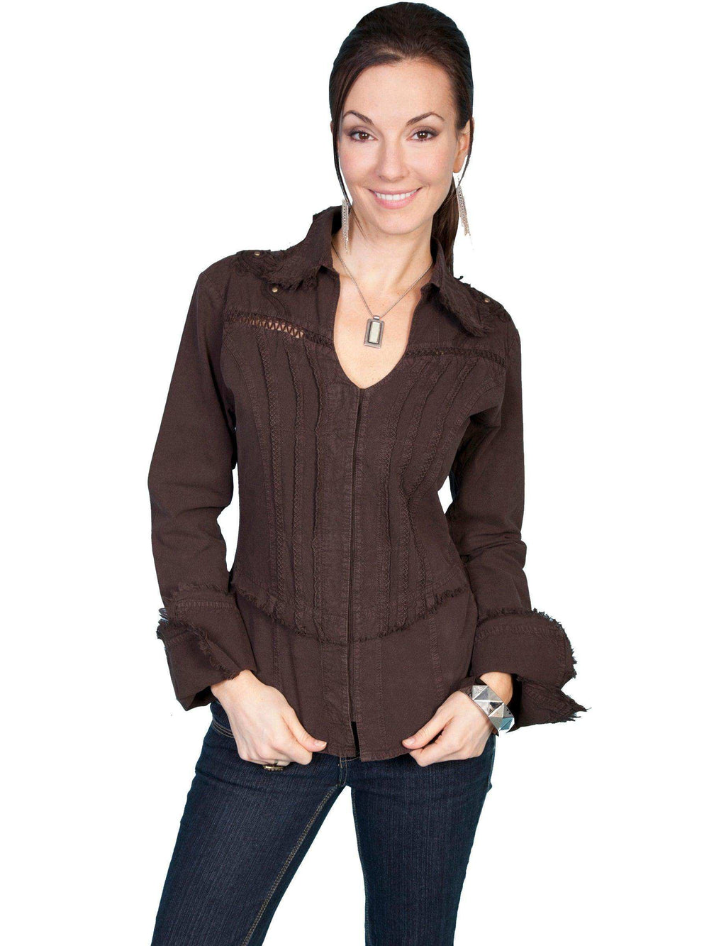 Scully CHOCOLATE LONG SLEEVE W/SOUTACHE CROSS/STUDS - Scully Leather - Flyclothing LLC