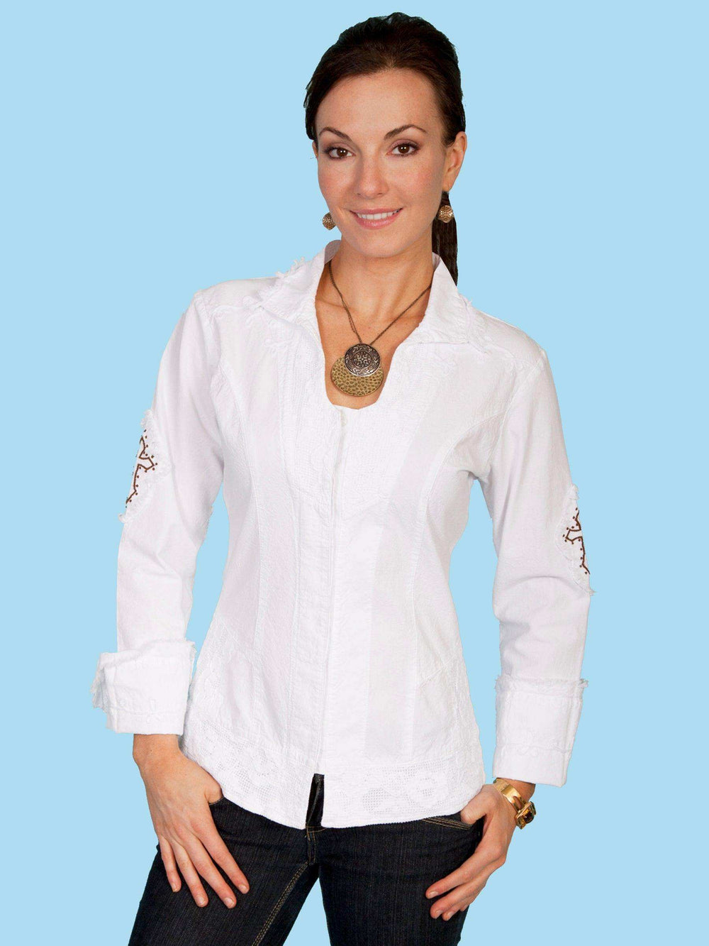 Scully WHITE L/S CUT OUT CROSS W/EMBROIDERED - Scully Leather