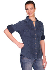 Scully DARK BLUE ROLL UP SLEEVE BLOUSE - Flyclothing LLC