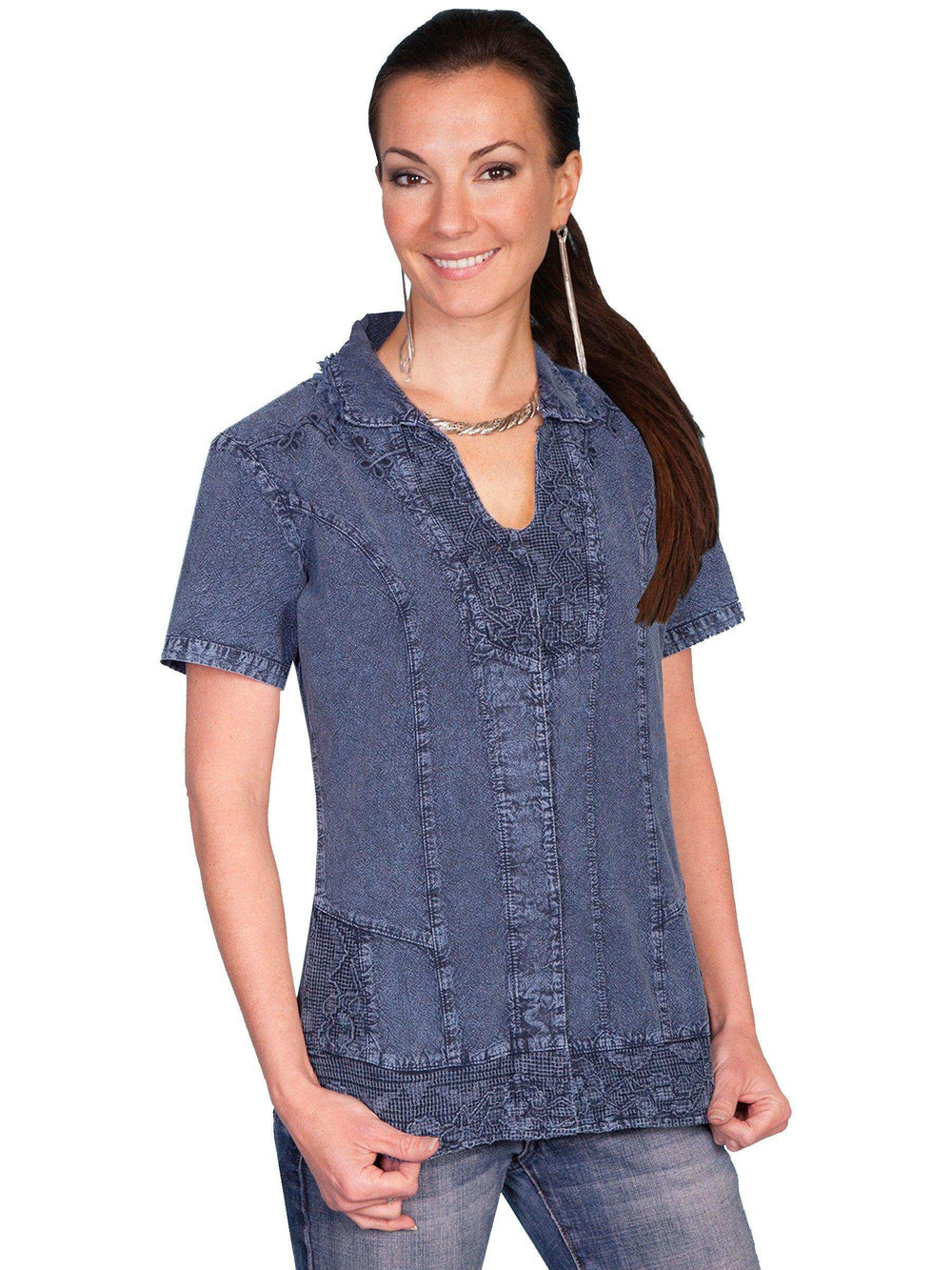 Scully DARK BLUE S.S. BUTTON FRONT BLOUSE - Scully Leather