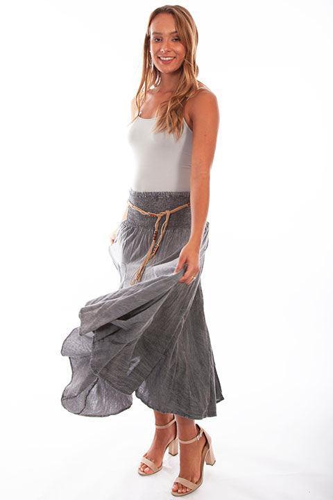 Scully CHARCOAL ACID WASH SKIRT W/BEADED CORD BELT - Scully Leather