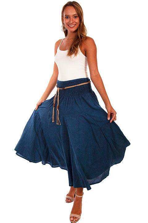 Scully DARK BLUE ACID WASH SKIRT W/BEADED CORD BELT - Scully Leather
