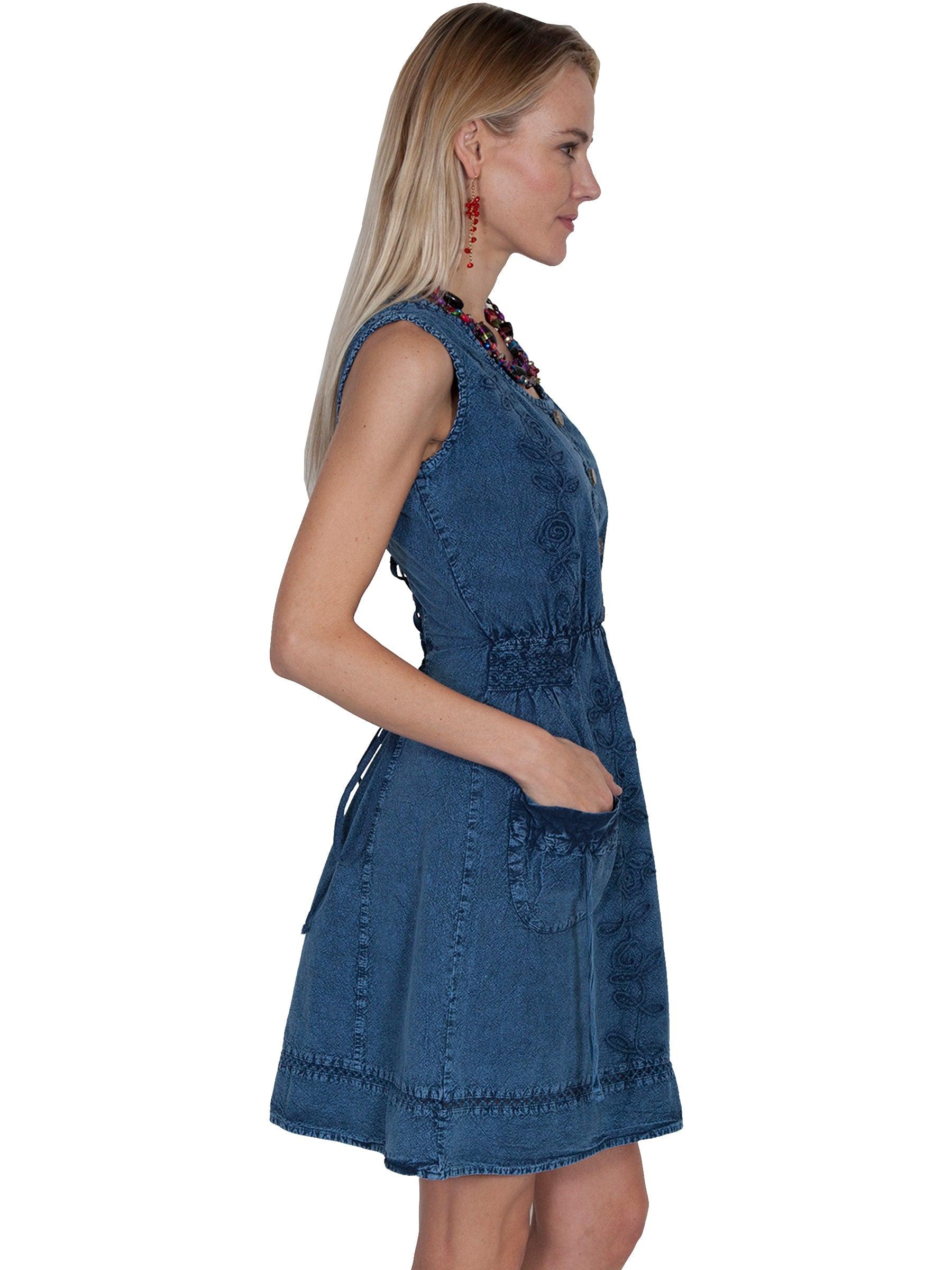 Scully DARK BLUE S/L EMBROIDERED DRESS W/BACK LACE UP - Flyclothing LLC