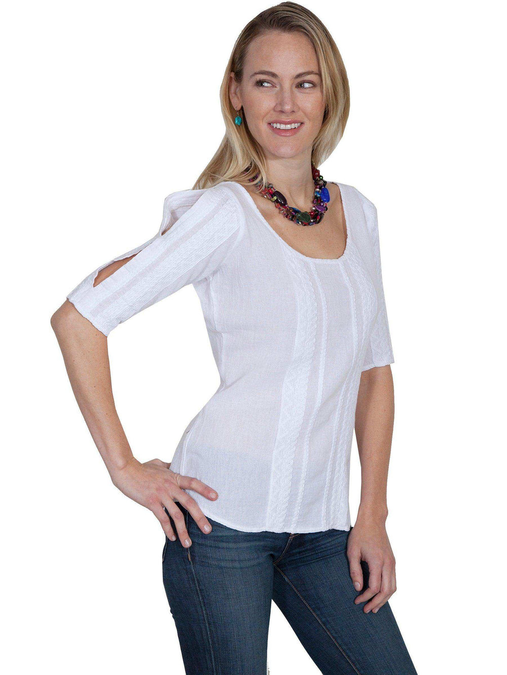 Scully WHITE COLD SHOULDER 3/4 SLEEVE BLOUSE - Scully Leather - Flyclothing LLC