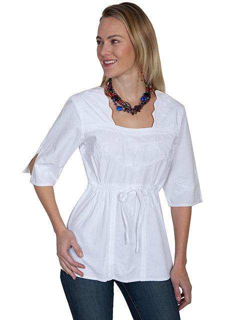Scully WHITE 3/4 SLEEVE TIE WAIST BLOUSE - Scully Leather