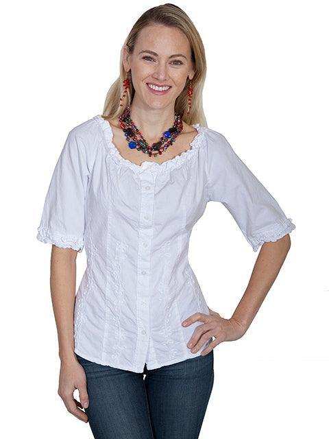Scully WHITE 3/4 SLV SCOOP NECK BUTTON FRONT BLOUSE - Scully Leather - Flyclothing LLC