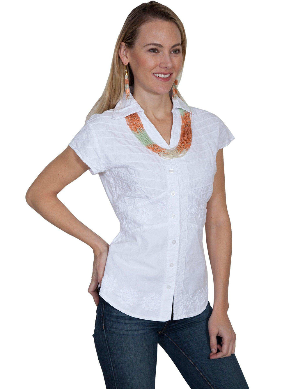Scully WHITE CAP SLEEVE BUTTON FRONT BLOUSE - Scully Leather - Flyclothing LLC
