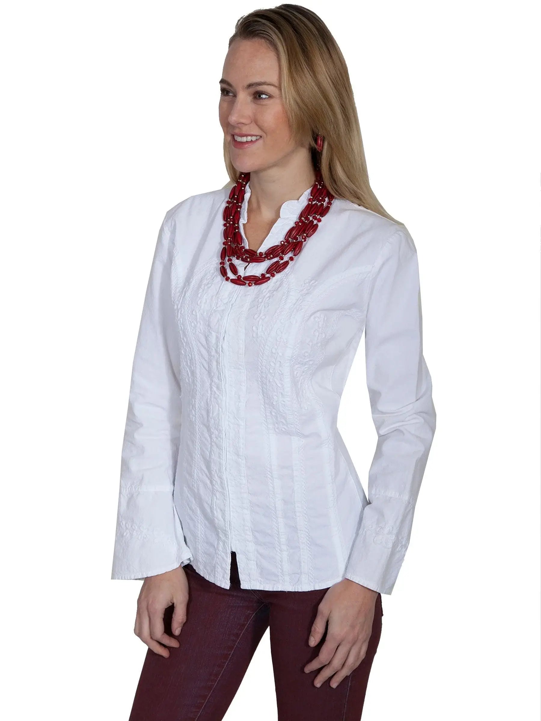 Scully WHITE L/S BLOUSE W/BAND COLLAR/BELL CUFFS - Scully Leather - Flyclothing LLC