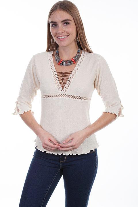 Scully NATURAL 3/4 SLV LACE UP FRONT BLOUSE - Flyclothing LLC