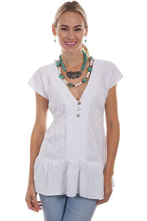 Scully WHITE TIE BACK V-NECK BLOUSE W/RUFFLE BOTT - Scully Leather - Flyclothing LLC