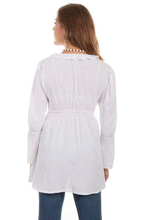 Scully WHITE L/S RUFFLE TIE NECK BLOUSE - Scully Leather - Flyclothing LLC