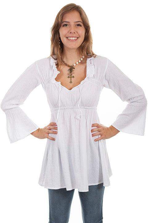 Scully WHITE L/S RUFFLE TIE NECK BLOUSE - Scully Leather - Flyclothing LLC