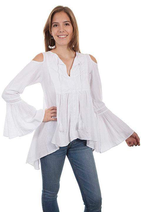 Scully WHITE TIE FRONT COLD SHOULDER BELL SLEEVE - Scully Leather - Flyclothing LLC