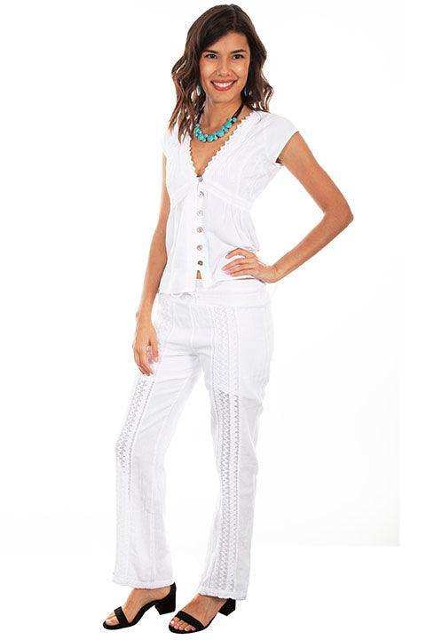 Scully WHITE ELASTIC WAIST CROCHET FRONT PANT - Scully Leather - Flyclothing LLC