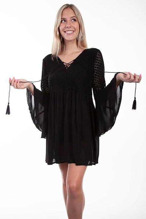 Scully BLACK COTTON BODICE CREPE TIE FRONT DRESS - Scully Leather