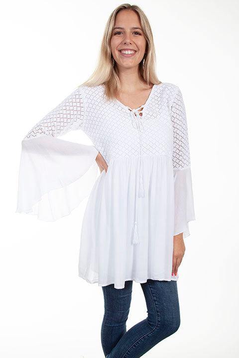 Scully WHITE COTTON BODICE CREPE TIE FRONT DRESS - Scully Leather