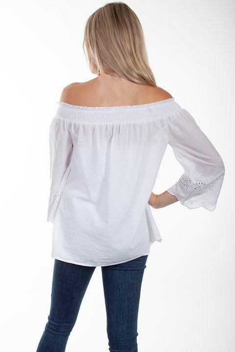 Scully WHITE OFF SHOULDER EYELET EMBROIDERED BOTTOM BLOUSE - Scully Leather