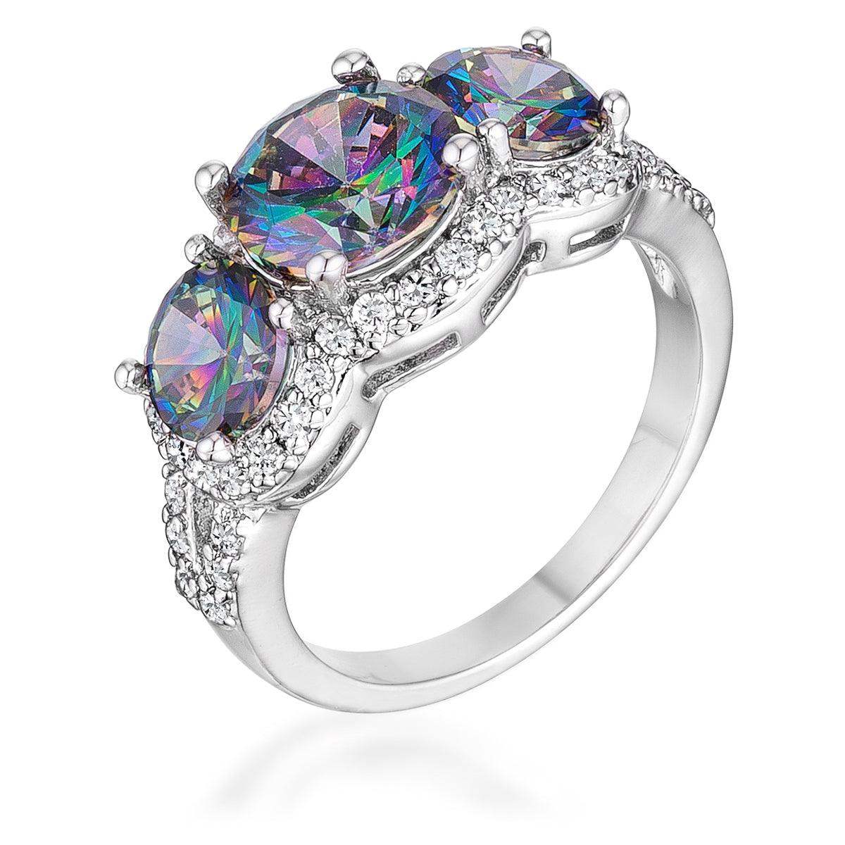 4 Ct Three Stone Rhodium Ring with Mystic and Clear CZ - JGI - Flyclothing LLC