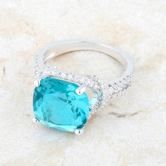 Charlene 6.2ct Aqua CZ Rhodium Classic Statement Ring - JGI