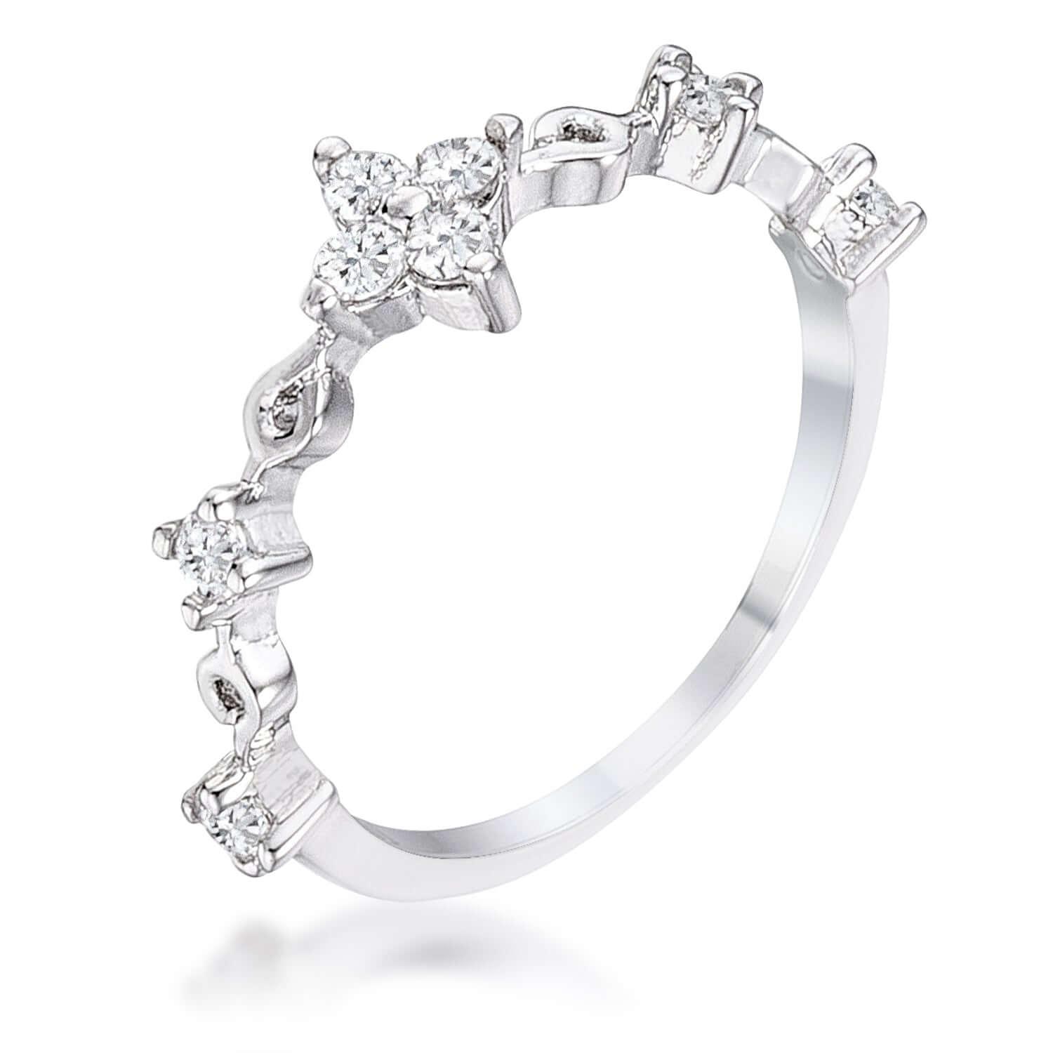 .24Ct Rhodium Plated Clear CZ Mini Floral Half Eternity Stackable Band - Flyclothing LLC